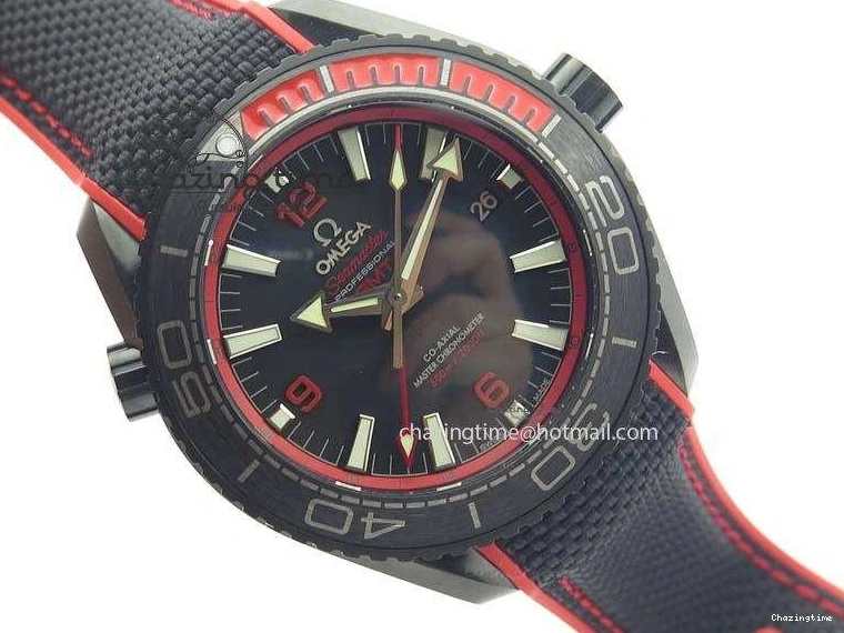 1225 SoftTouch Planet Ocean GMT 45mm DLC Red JHF Best Edition Black Dial On Rubber Strap A 8200